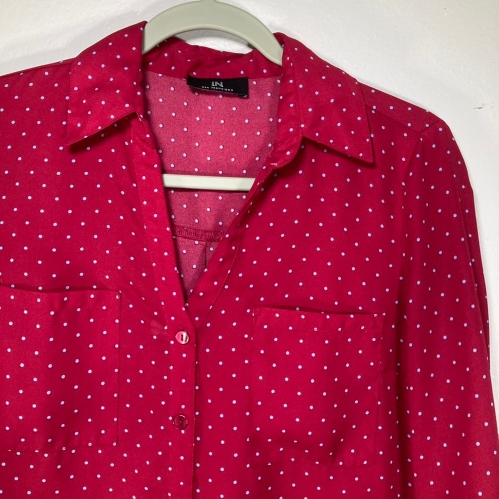 IN San Francisco Red White Polka Dot Roll Tab Sleeve Button Up Blouse Top